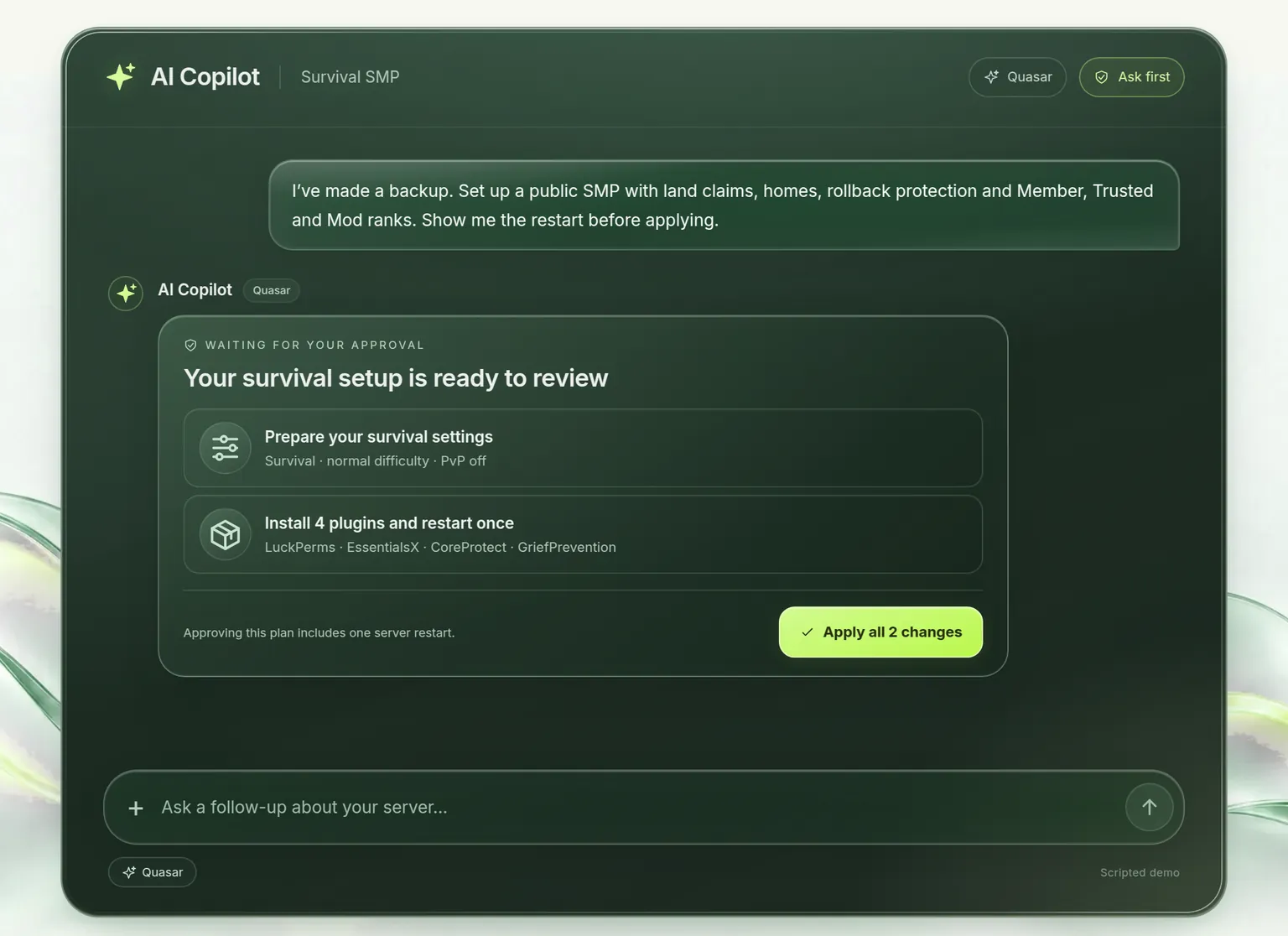 The AI Copilot chat in a Minecraft server panel: Quasar has prepared survival settings and four plugins and waits for you to apply them