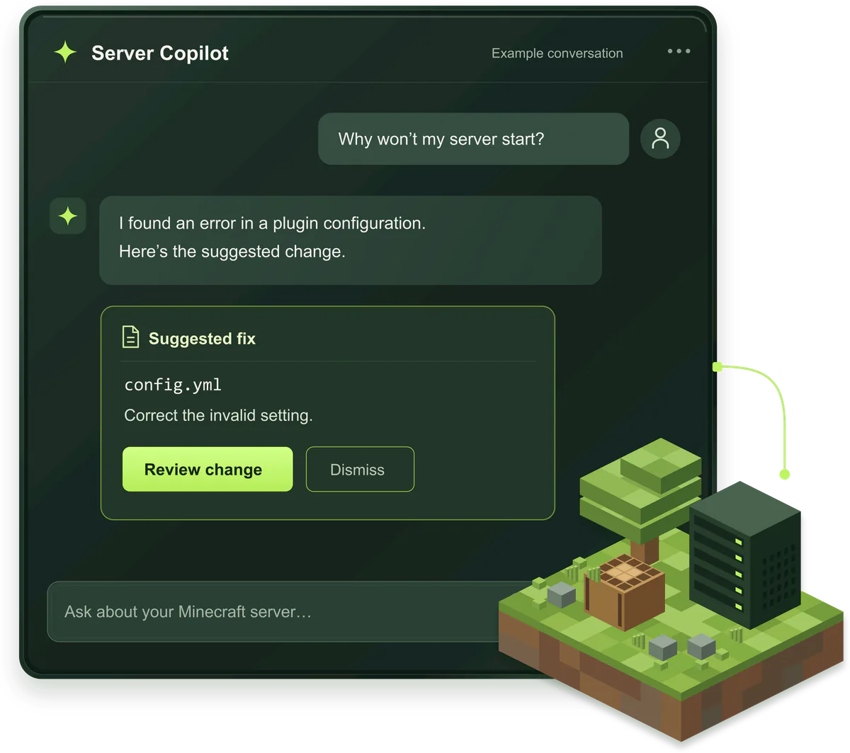 The AI Copilot chat in a Minecraft server control panel, explaining a plugin error and offering a fix to apply