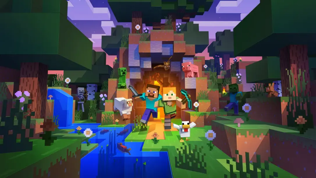 Two Minecraft players running out of a cave into a forest, with a creeper, a pig and a chicken