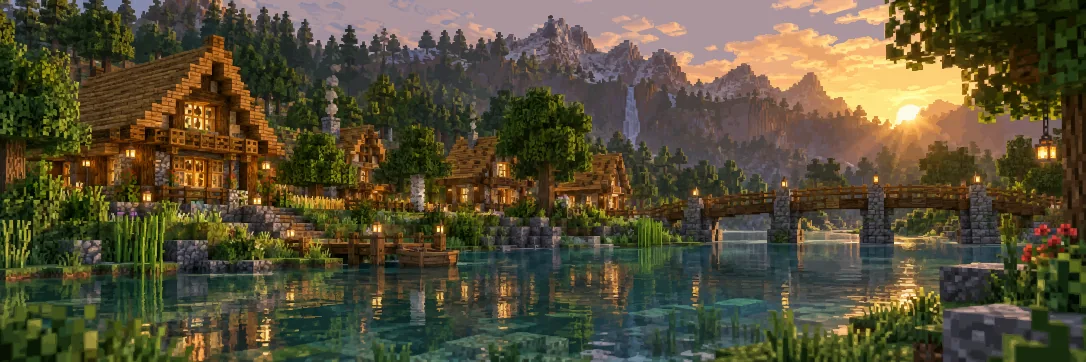 A wooden cabin by a lake in a Minecraft forest