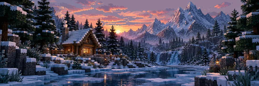 A snowy Minecraft valley with builds along a river