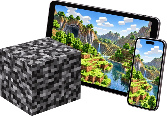 Minecraft Bedrock server: a bedrock block beside a tablet and a phone showing the same Minecraft valley
