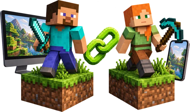Minecraft crossplay server: a Java player at a computer and a Bedrock player with a phone, joined by a green link