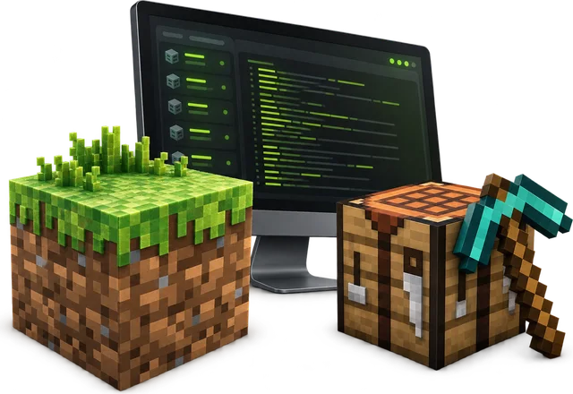 Minecraft Java server: a grass block, a crafting table with a diamond pickaxe and a monitor showing a server console