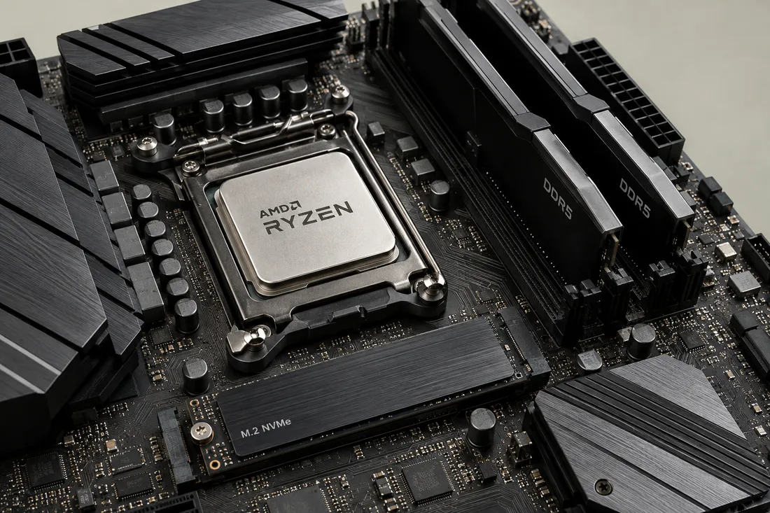 AMD Ryzen processor on a motherboard with DDR5 memory and an NVMe SSD