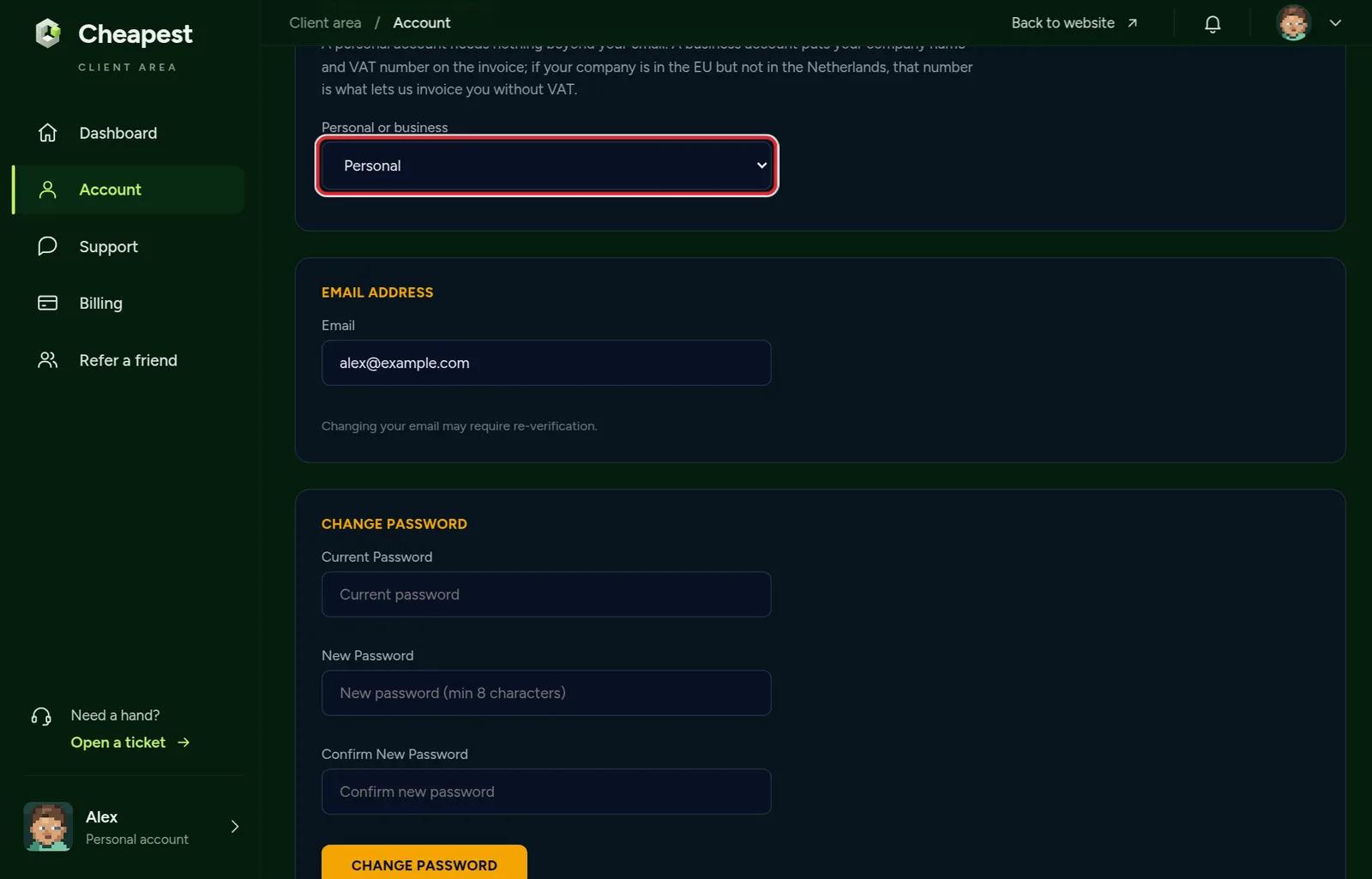 The Personal or business card on the Account page with the choice between Personal and Business