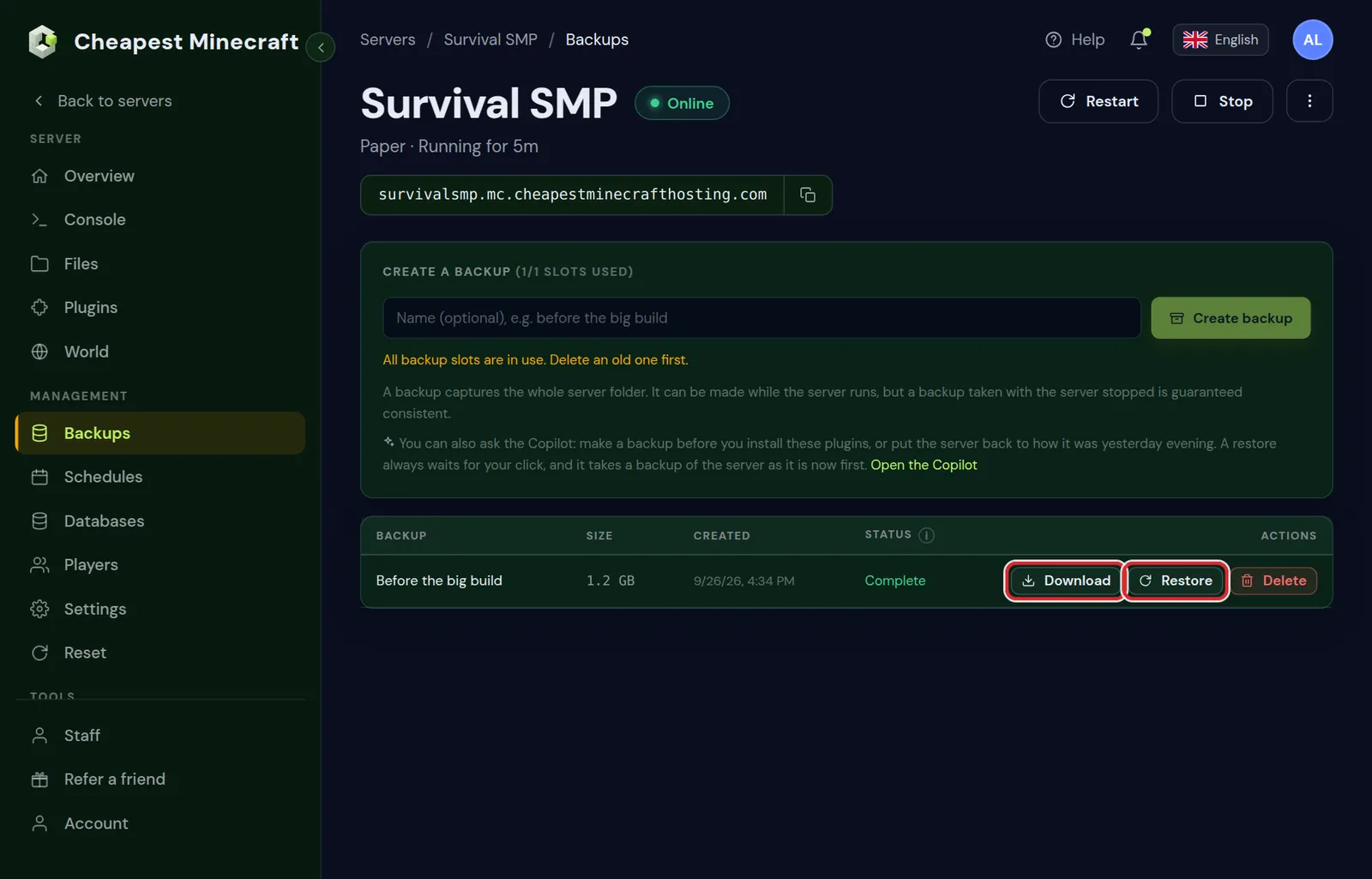 The Backups tab showing 1 of 1 slots used, a backup called Before the big build, and the Download and Restore buttons
