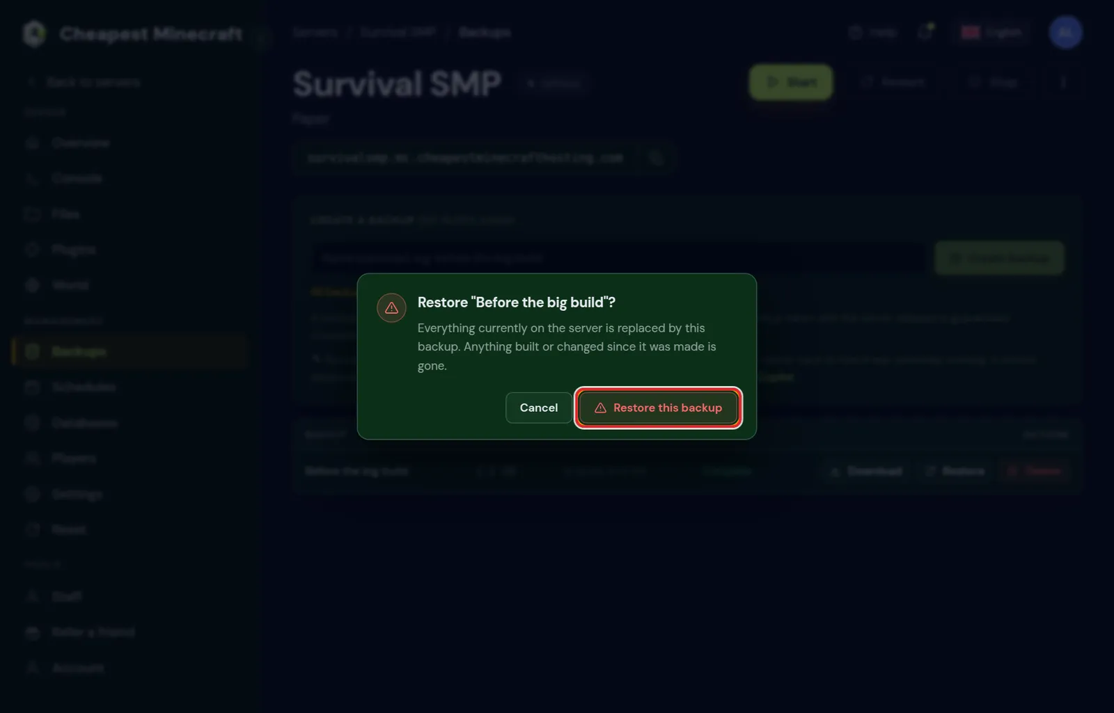 A dialog asking to restore the backup Before the big build, with the Restore this backup button