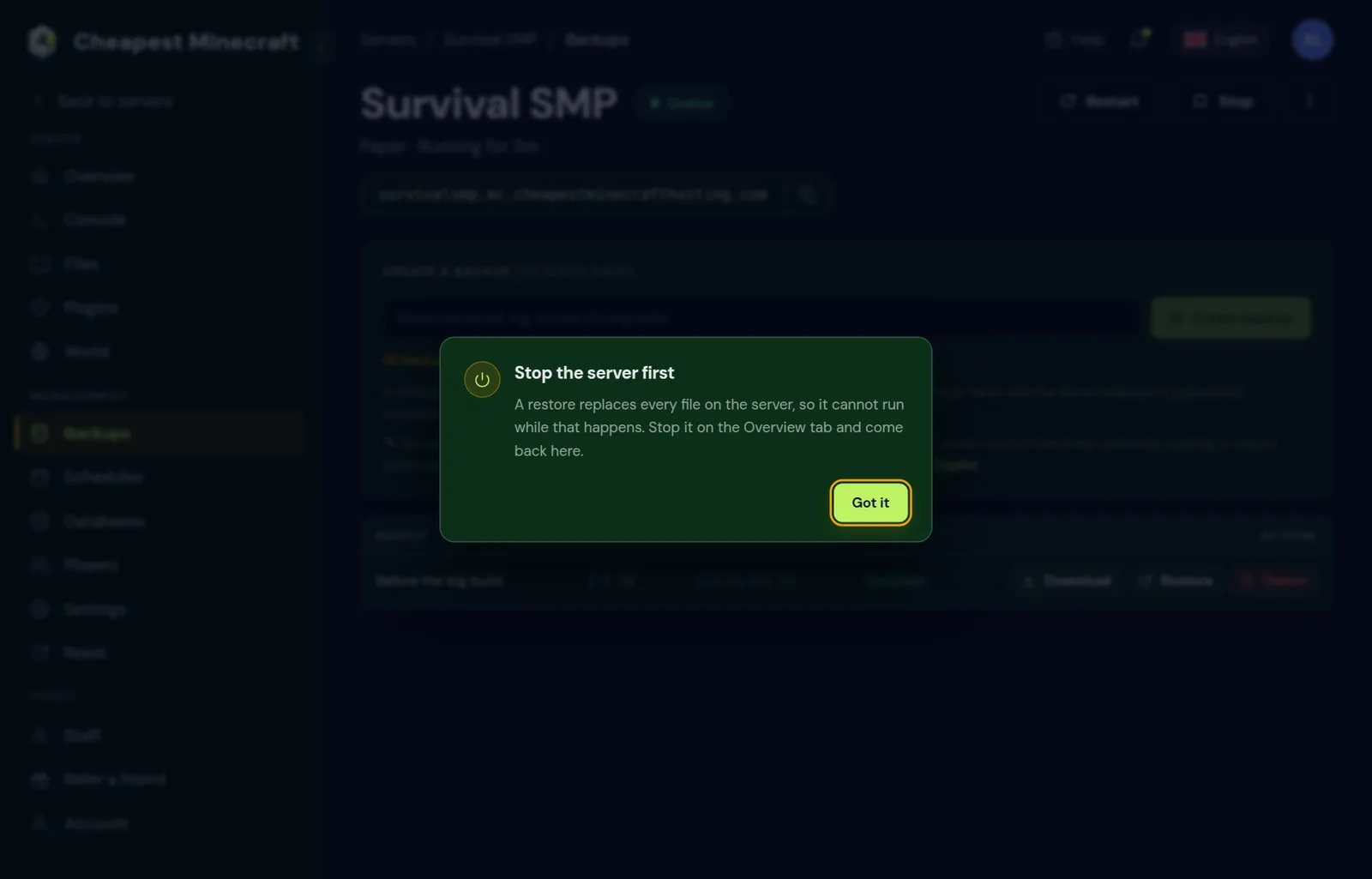 A dialog titled Stop the server first, explaining that a restore cannot run while the server is running