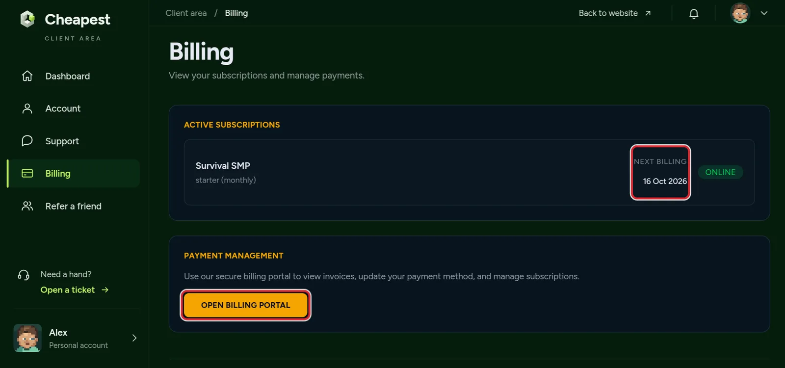 The Billing page of the client area with the active subscriptions and their next billing date, and the Open billing portal button
