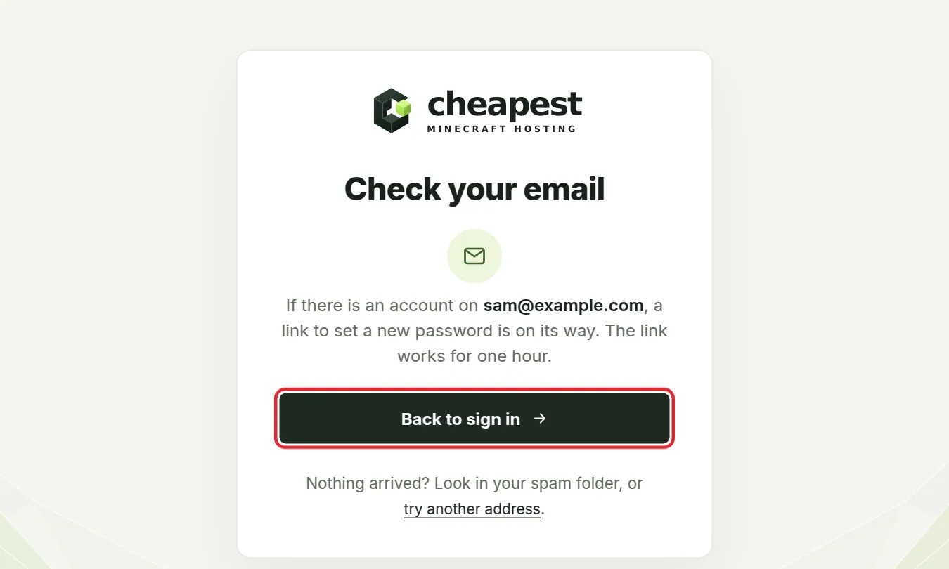 The confirmation that a link to set a new password is on its way, with the Back to sign in button