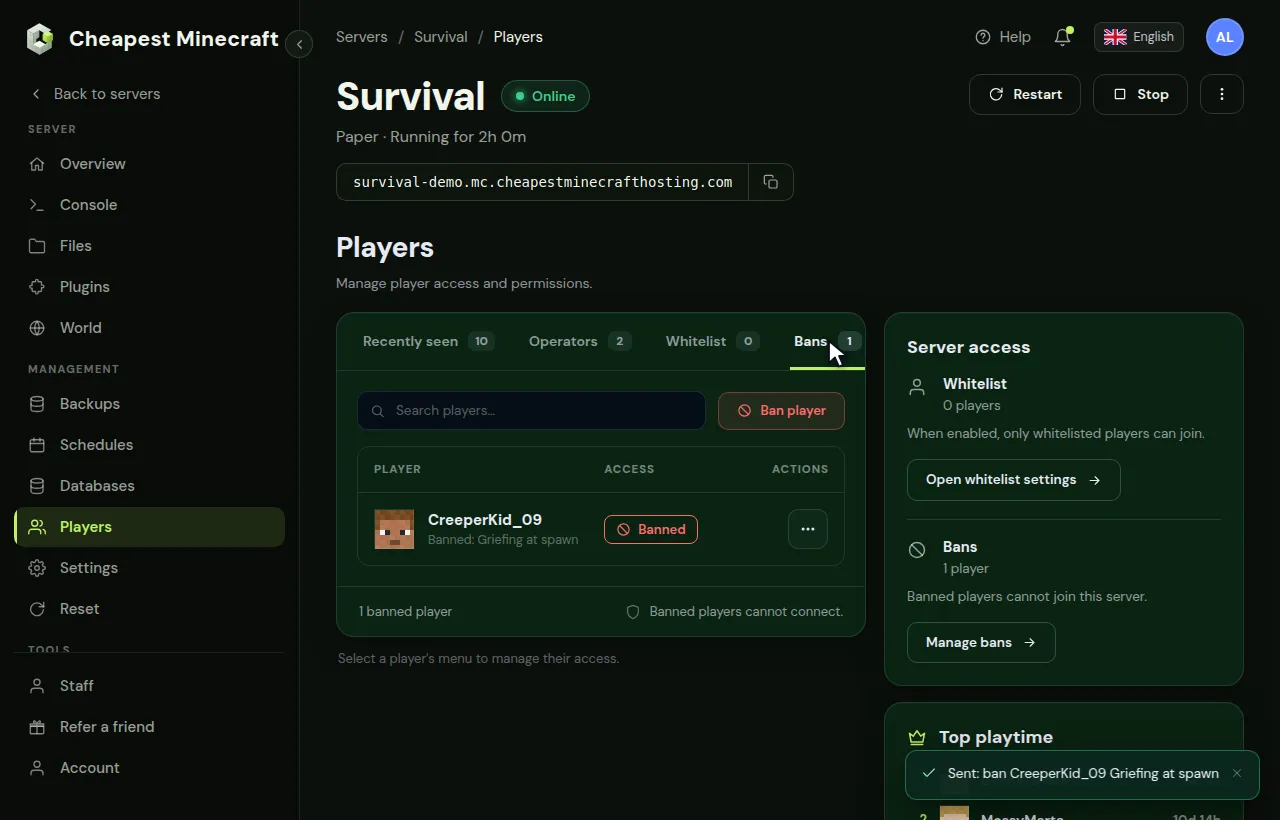 Banning a player from the menu next to the name in the Players tab, with a reason