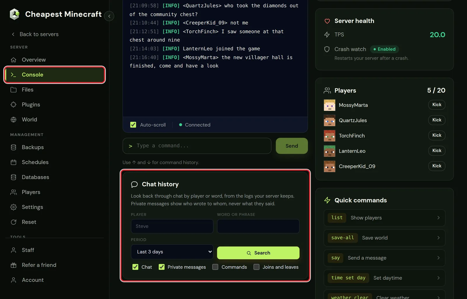Console tab of the Minecraft control panel with the Chat history card under the console