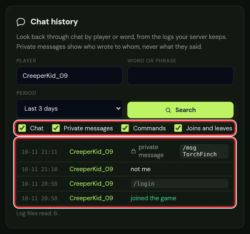 Chat history for one player with all four filters ticked: a private message, a chat line, a command and a join