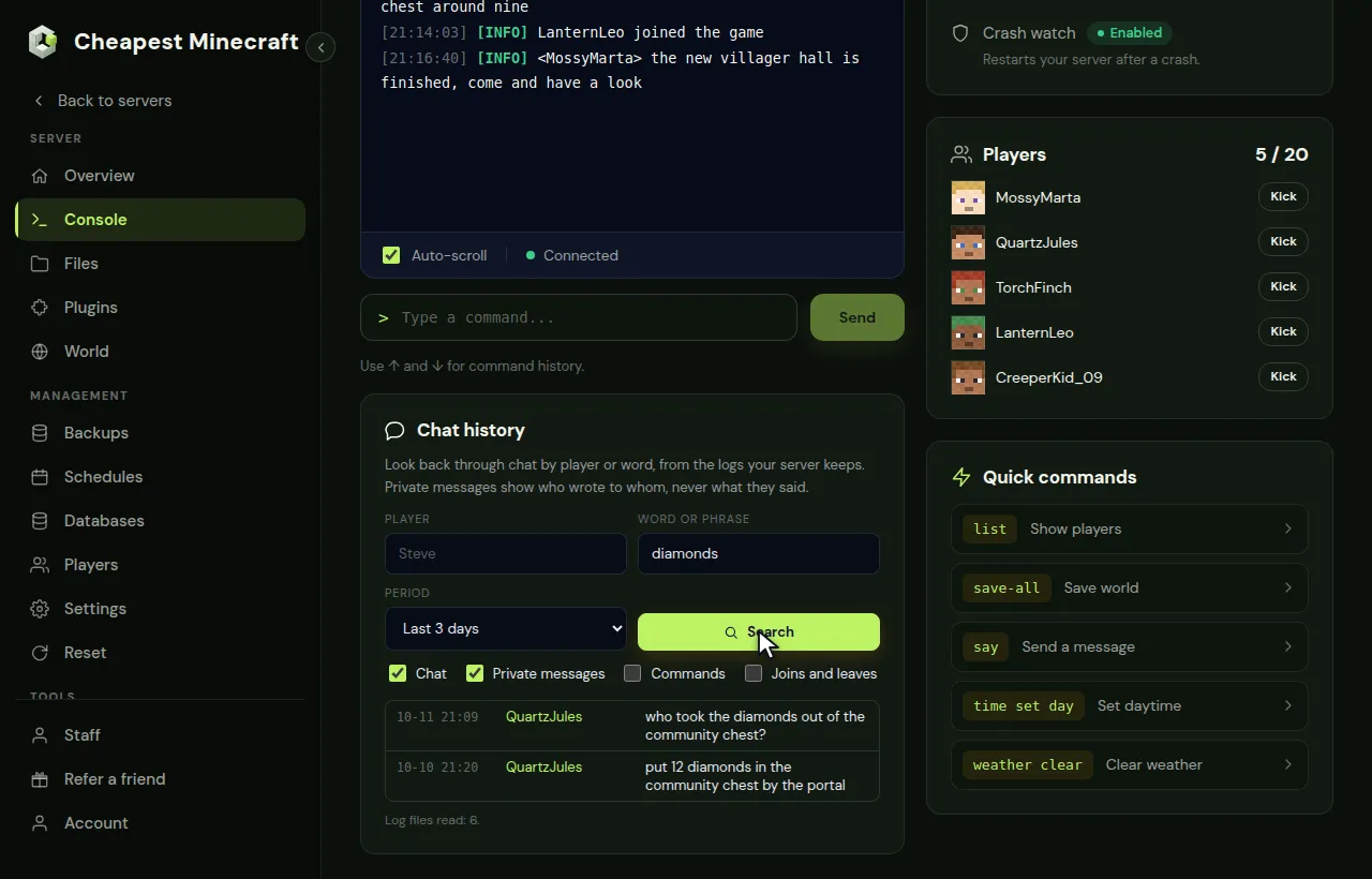 Searching the chat history of a Minecraft server for a word and then for a player, with the results listed under the search