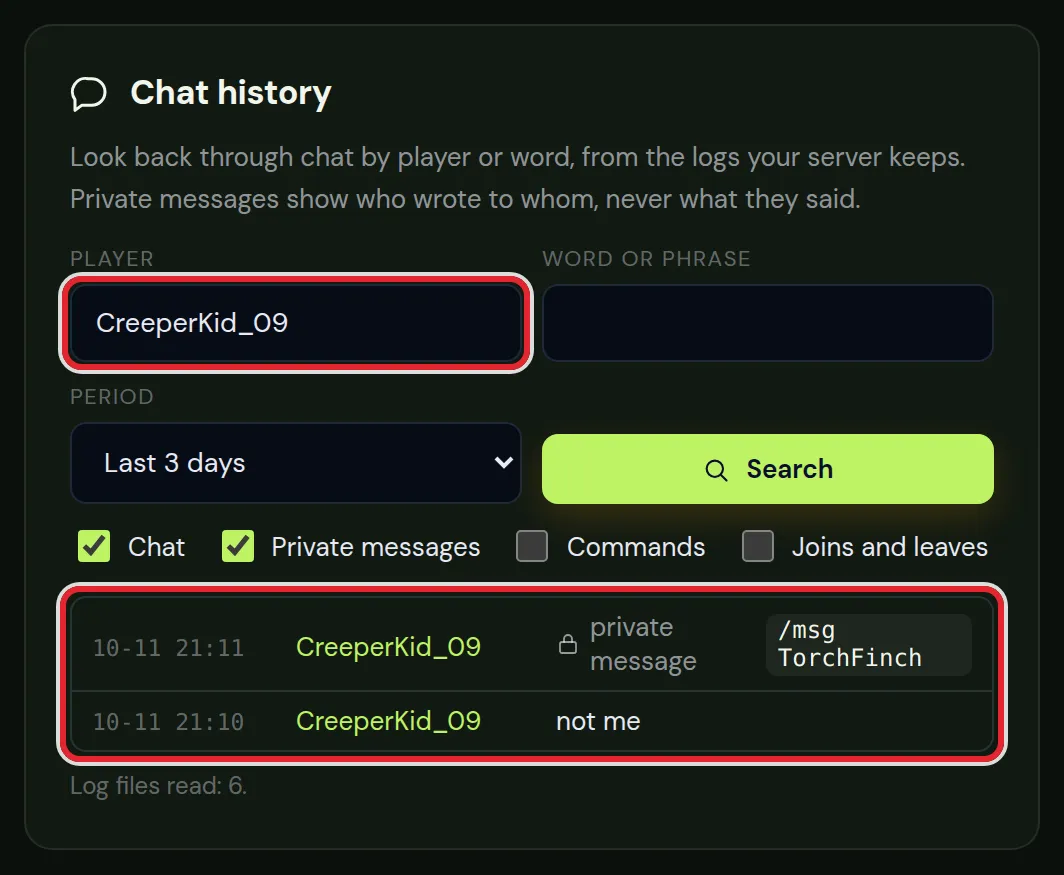 Chat history search for one player, with a private message and a chat line