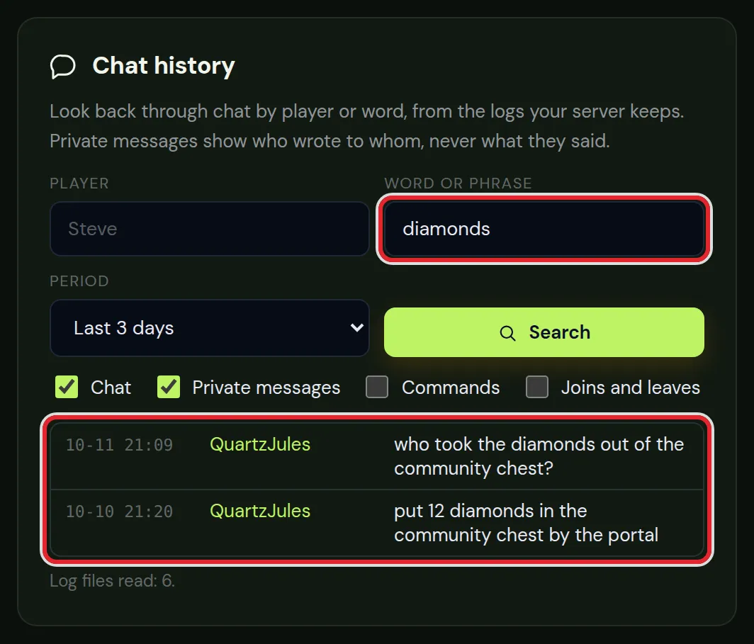 Chat history search for the word diamonds, with two chat lines from one player and their date and time