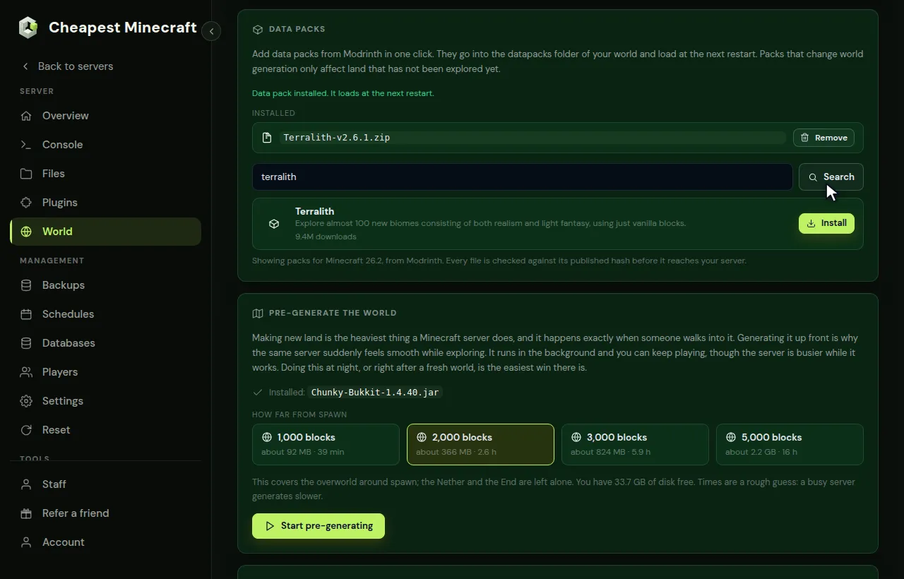 Searching for the Terralith datapack in the Data packs card of the World tab and clicking Install