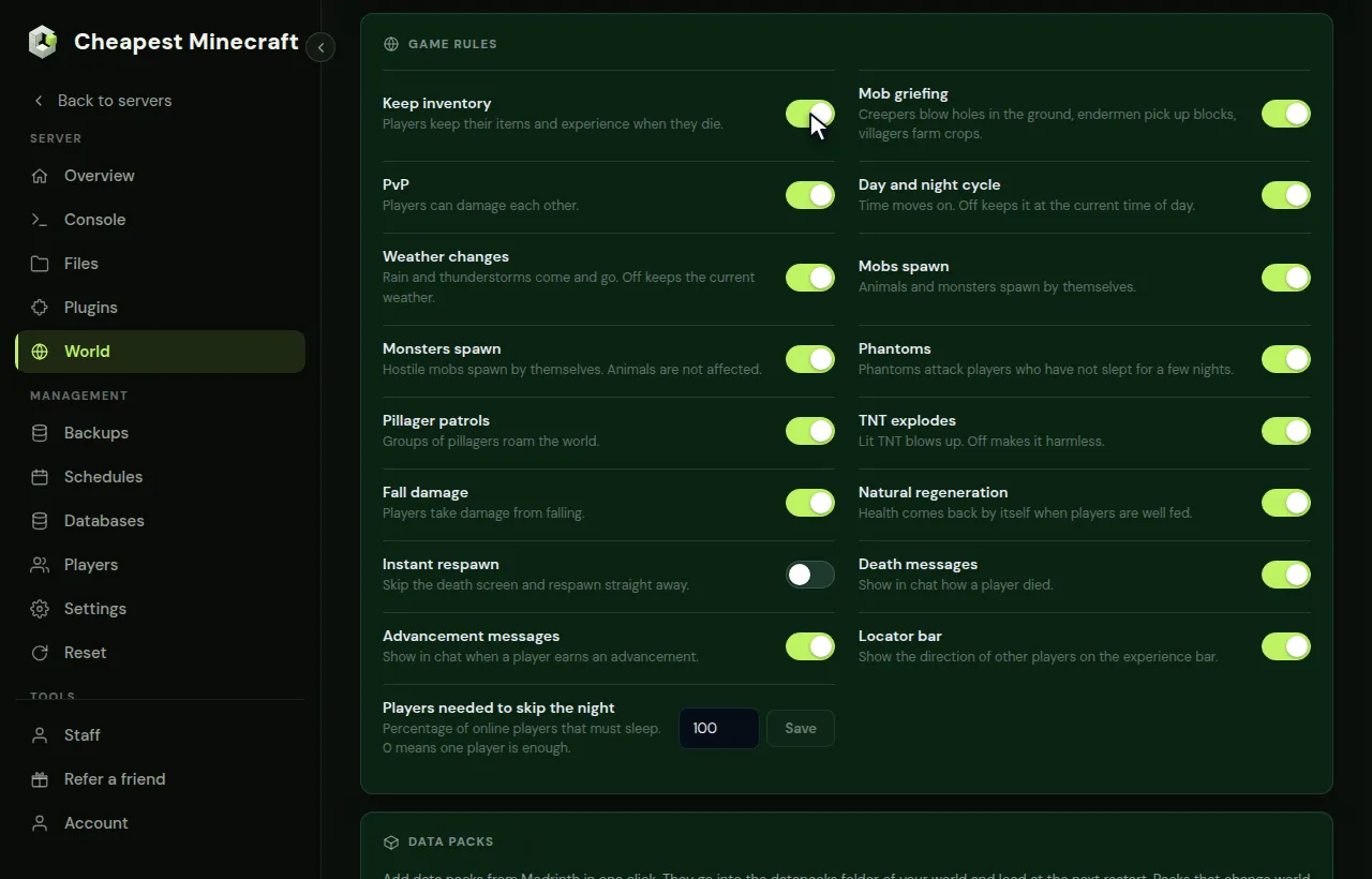 Keep inventory switched on in the Game rules card of the World tab, then saved