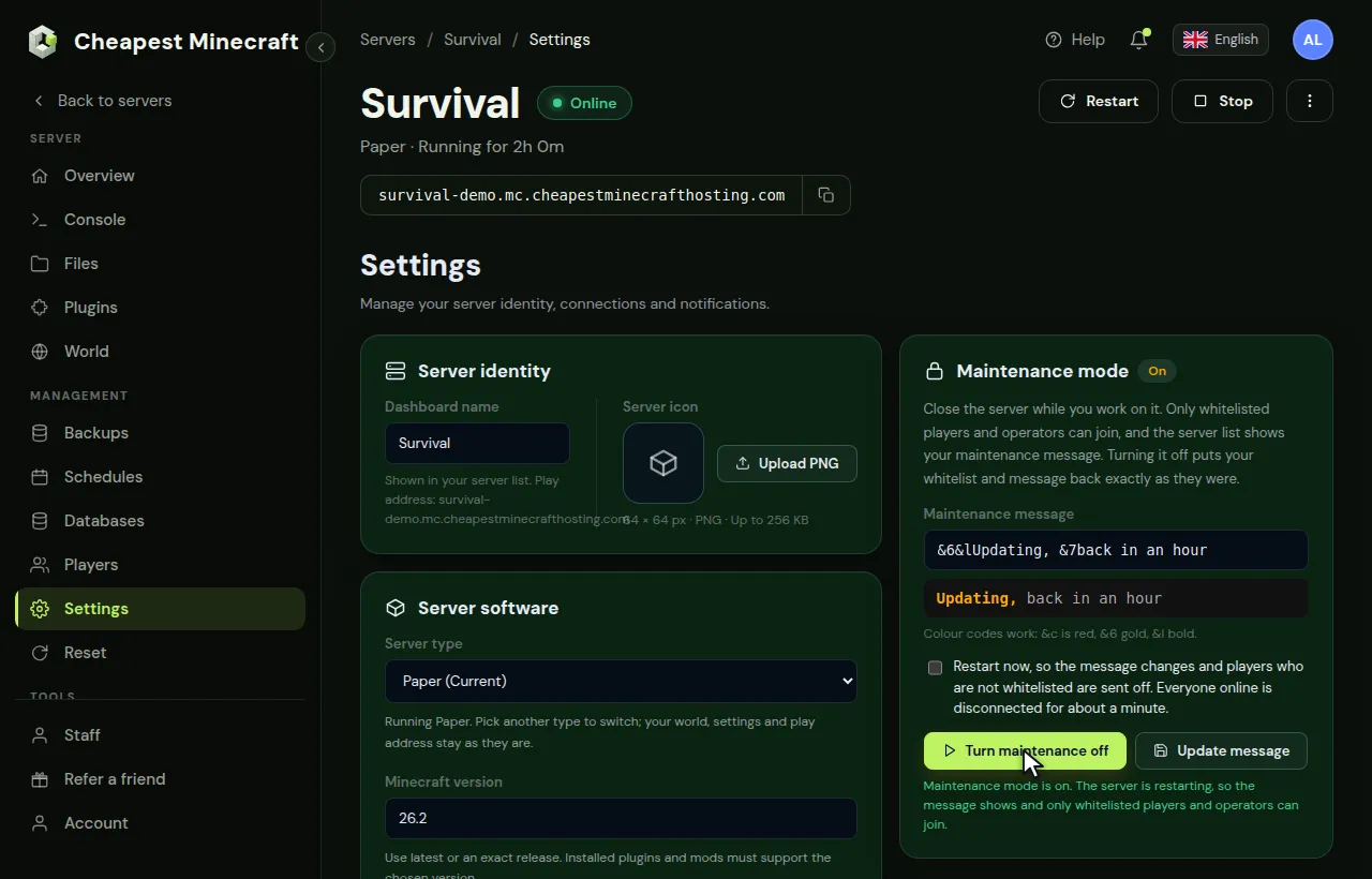 Typing a maintenance message in the Maintenance mode card of the Settings tab and turning maintenance on