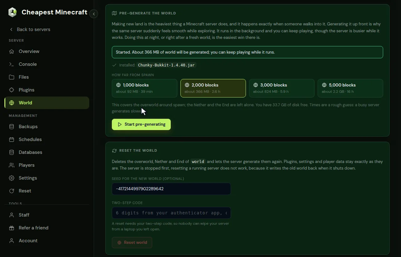 Choosing a radius in the Pre-generate the world card of the World tab and starting the pre-generation