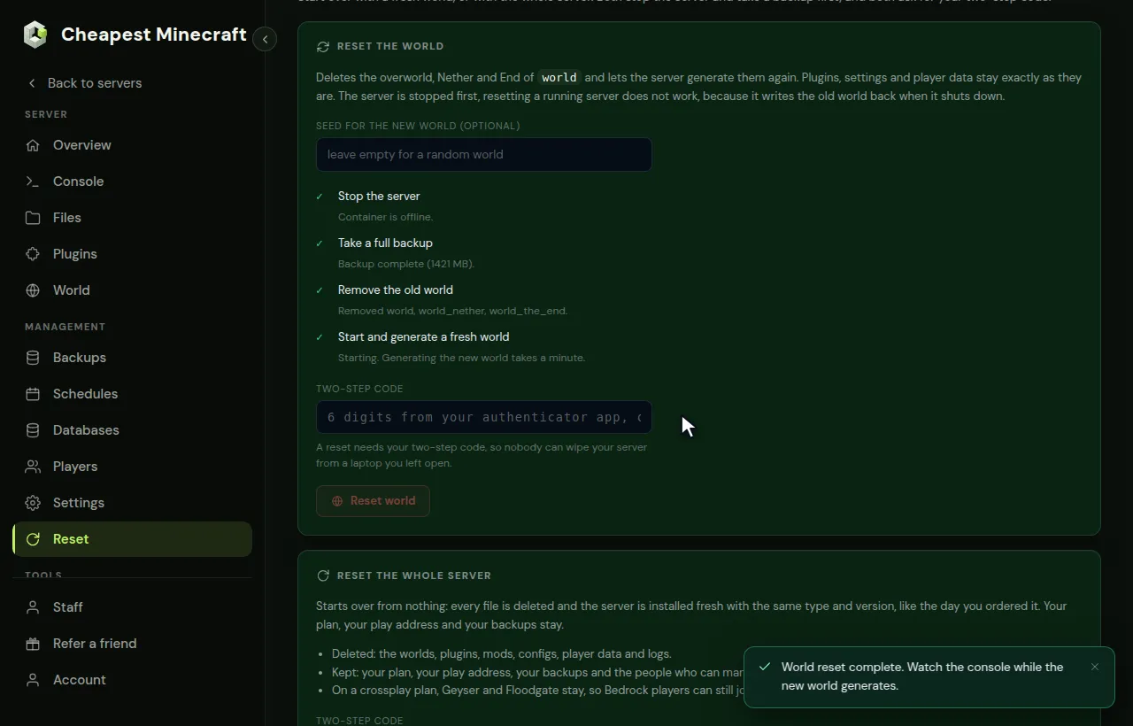 Resetting a Minecraft world in the Reset tab: seed, two-step code, confirm and the four steps running