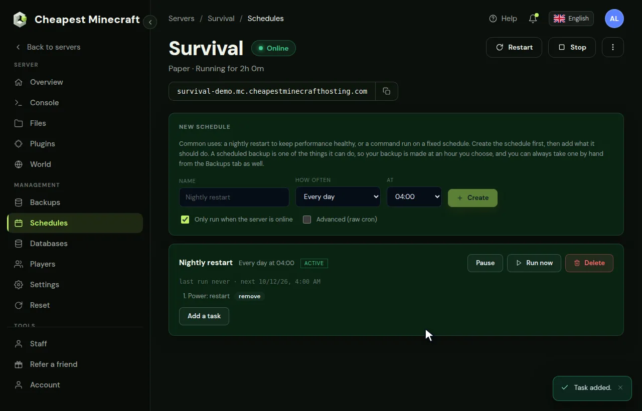 Making a nightly restart schedule in the Schedules tab and adding a restart task to it