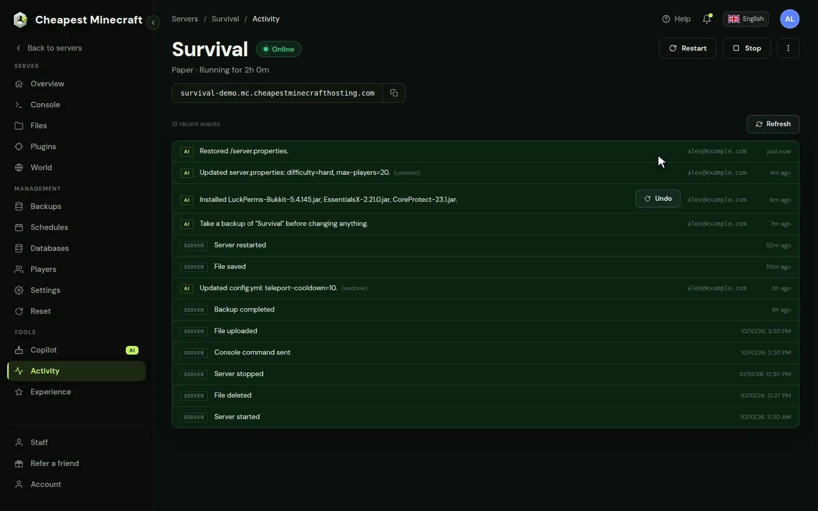 Pressing Undo on a Copilot change in the Activity tab, after which a Restored line appears and the change is marked undone