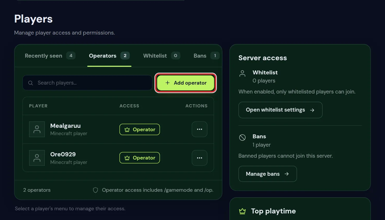The Operators tab of the Players page with the Add operator field