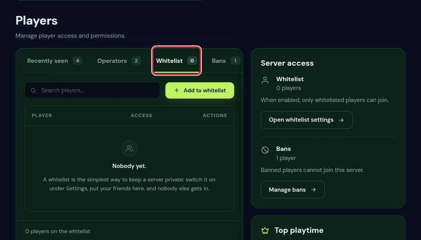 The Whitelist tab of the Players page with the field to add a player