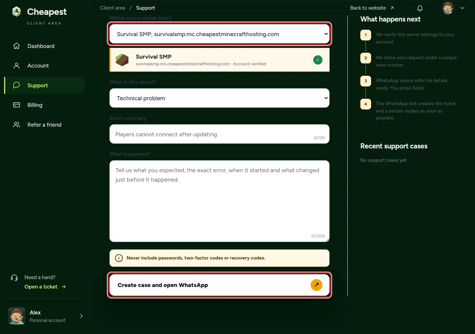 The support form with fields for the server, the kind of problem, a short summary and what happened