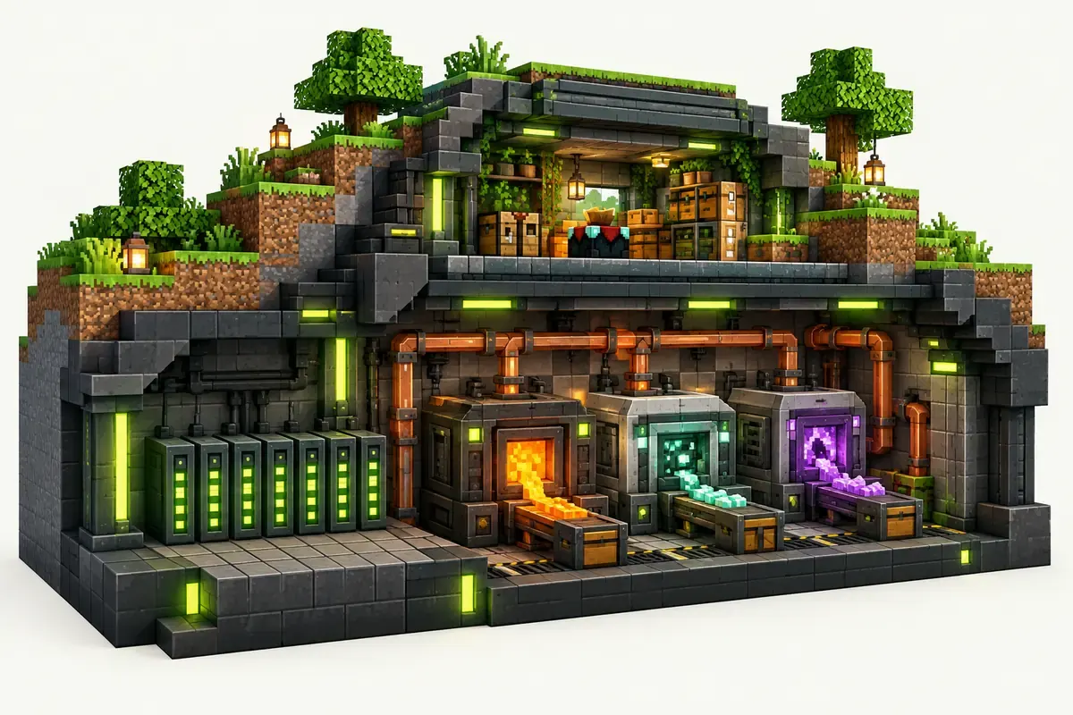 12 GB Minecraft server: a modded base with a workshop, copper pipes and processing machines