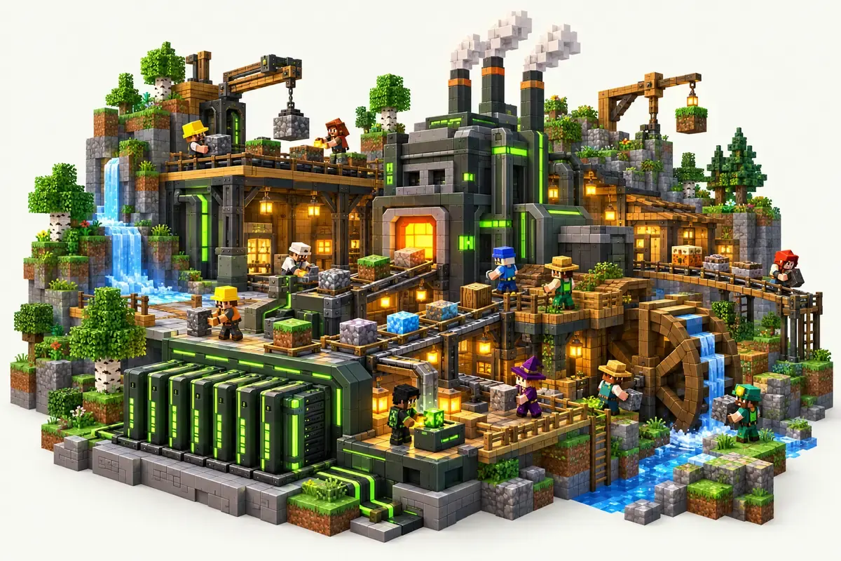16 GB Minecraft server: a modpack factory world with conveyor belts, a waterwheel and ten players
