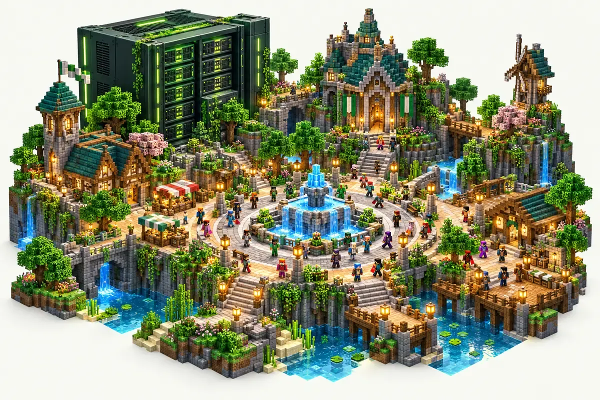 24 GB Minecraft server: a busy community spawn with a plaza, a fountain and many players