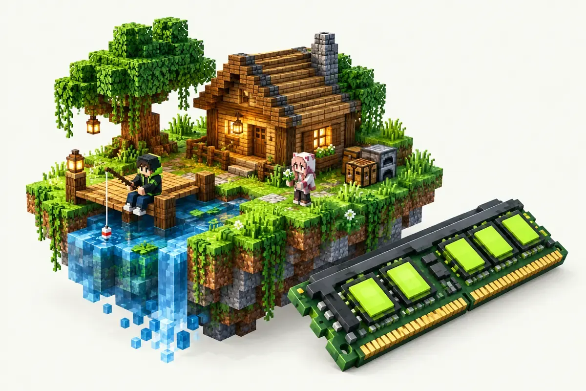 2 GB Minecraft server: a small island with one house, two players and one RAM module