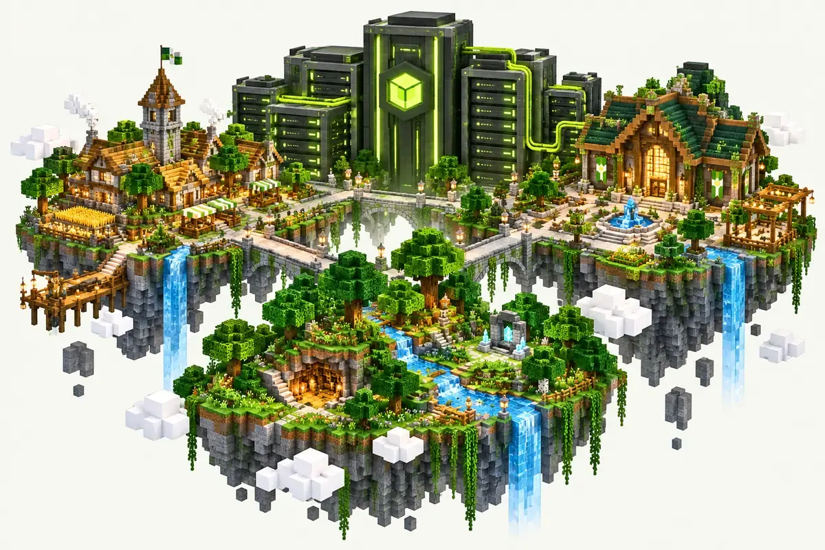 32 GB Minecraft server: a large public survival world on three islands joined by bridges