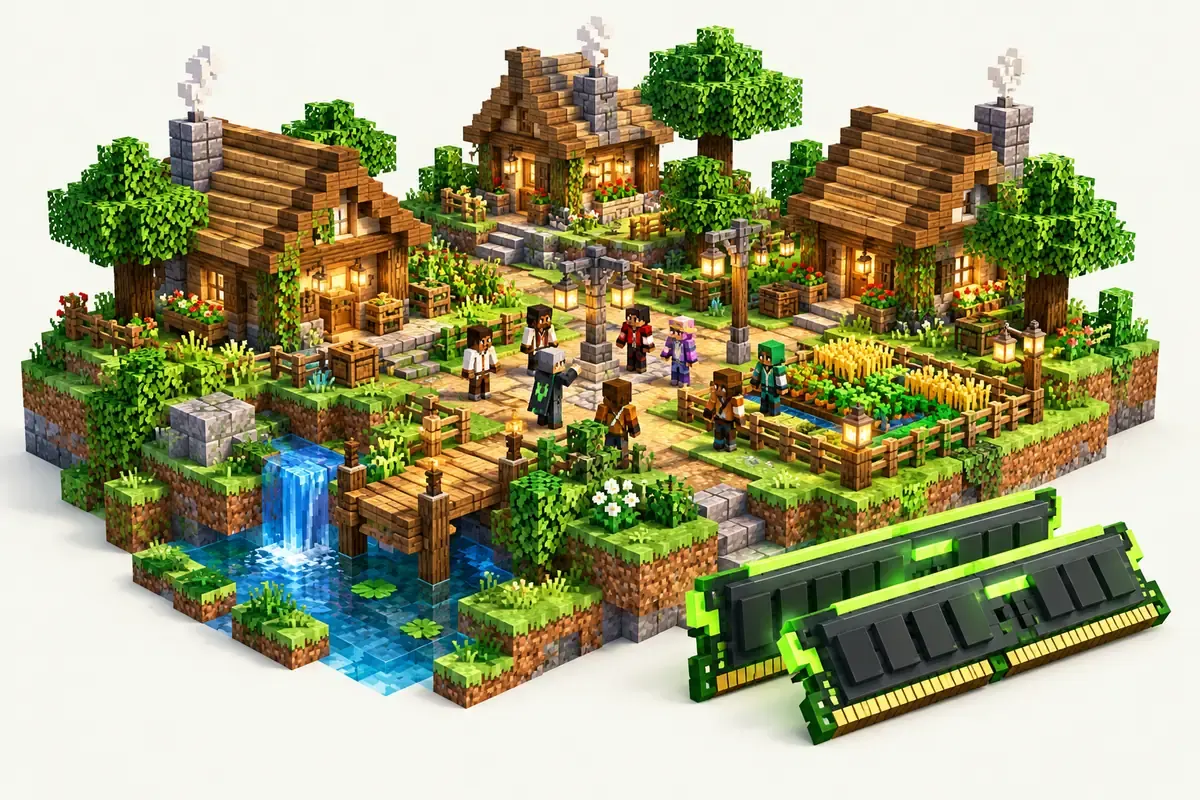 4 GB Minecraft server: a survival village with a crop garden for about eight players and two RAM modules