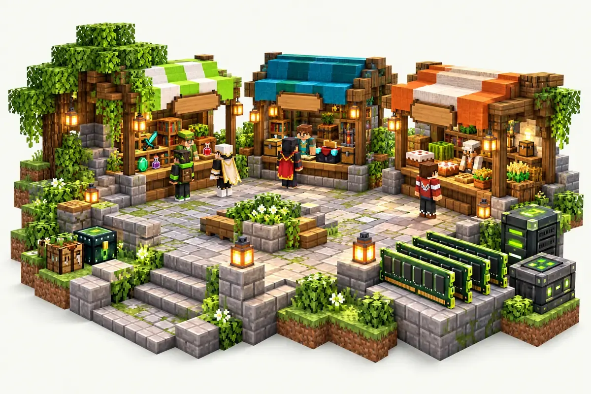 8 GB Minecraft server: an SMP shopping street with plugin blocks and four RAM modules