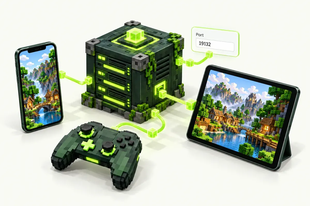 Phone, tablet and controller connected to one Minecraft Bedrock server with its own port