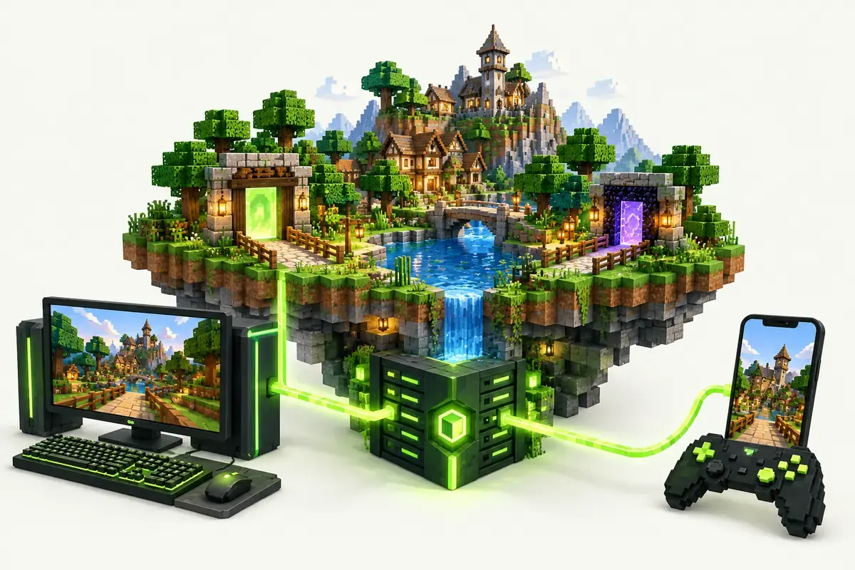 Minecraft crossplay server with one world shared by a Java PC on one side and a Bedrock phone and controller on the other