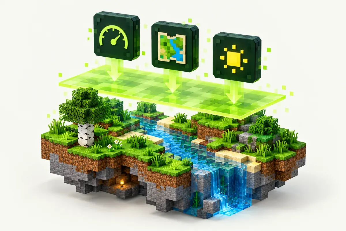 Fabric Minecraft server with a light mod layer for performance, minimap and shaders above a vanilla island