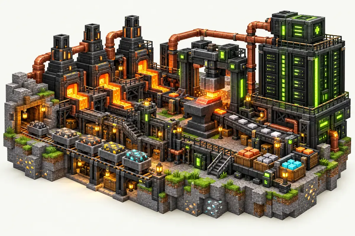 Forge Minecraft modpack server with industrial machines, copper pipes, furnaces and an anvil