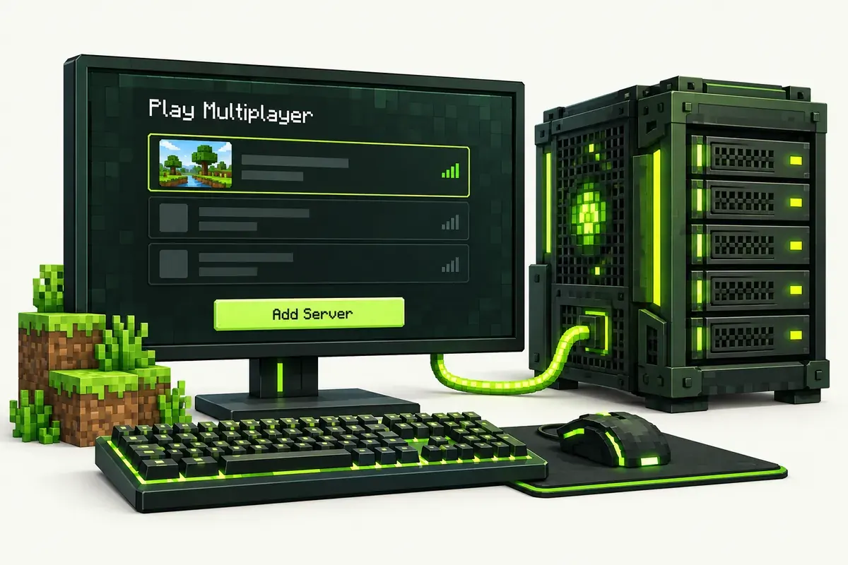 Minecraft Java Edition multiplayer screen with an Add Server button on a PC connected to a server