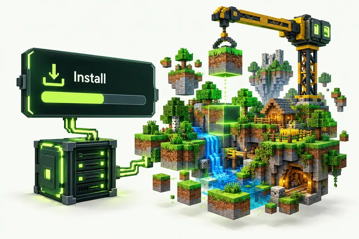 NeoForge Minecraft modpack being installed, with an Install button, a progress bar and a new modded world