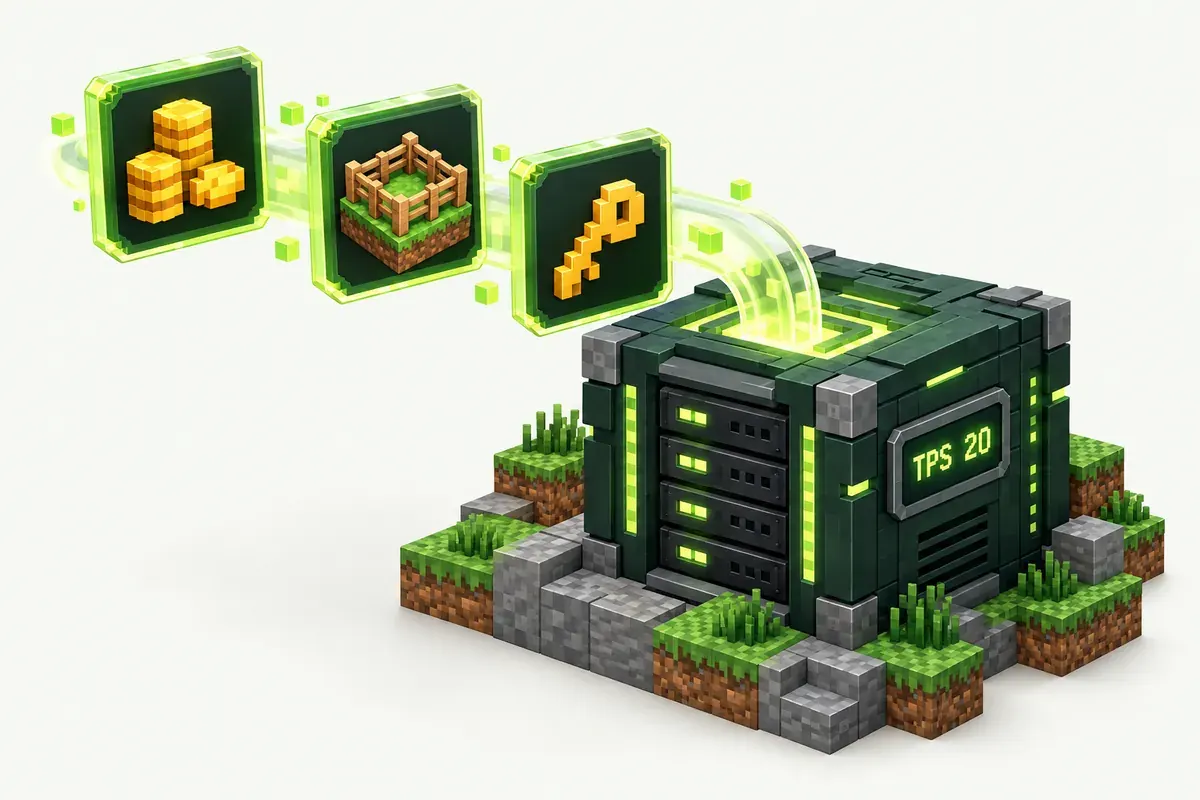 Paper Minecraft server with plugin cards for economy, claims and permissions and a TPS meter at 20