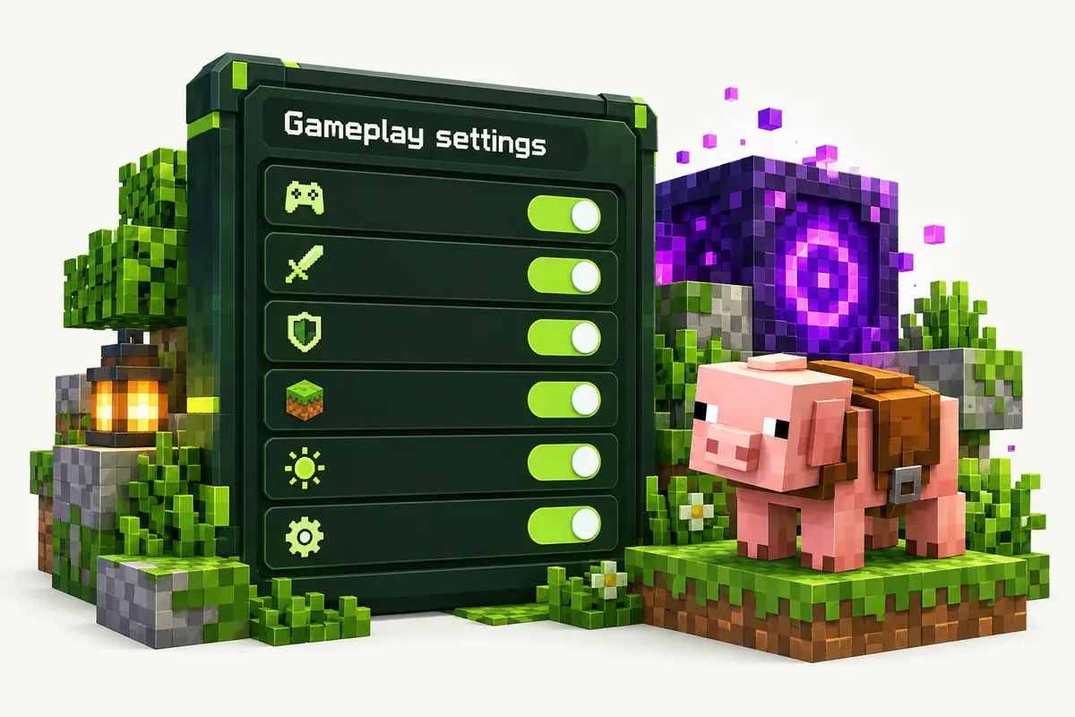 Purpur Minecraft server settings panel with gameplay switches next to a purpur block and a pig