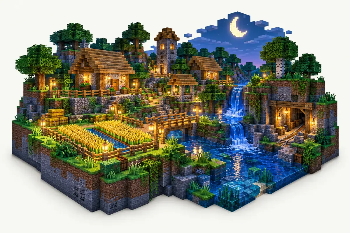 Vanilla Minecraft survival server world with a village, a wheat field and a mine entrance at night