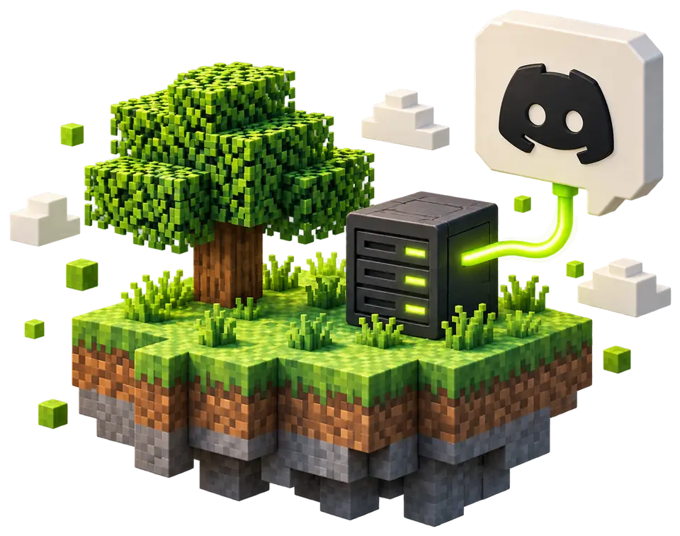 Minecraft Discord bot and Discord notifications: a Minecraft server on a floating grass block island with a tree, linked by a glowing green cable to a Discord chat bubble with the Discord logo