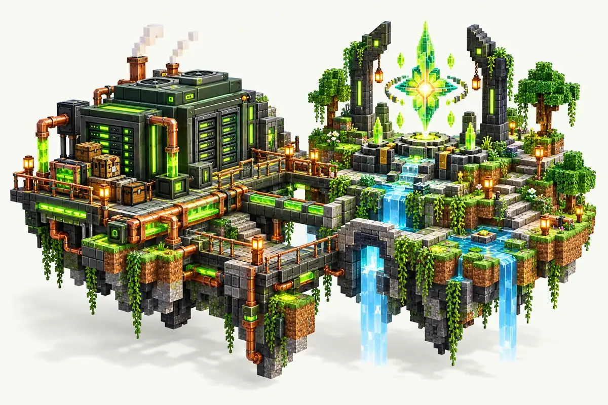 ATM9 server: tech machines and copper pipes next to a magic altar, with the ATM Star above them