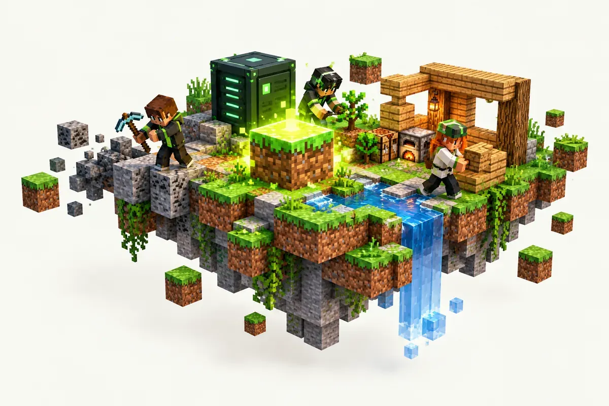 Better OneBlock server: a small island growing out of one grass block in the void
